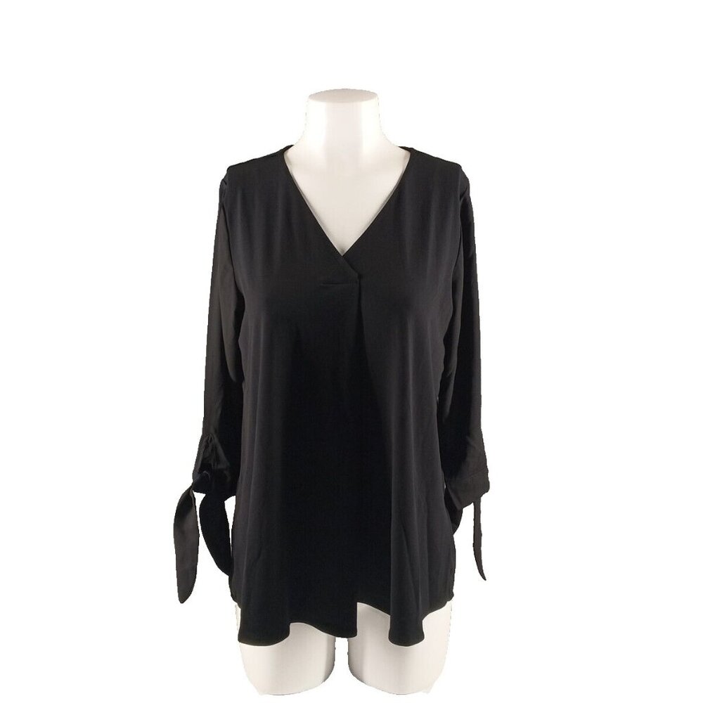 NWT $59 ALFANI Blouse M(8-10) Back Pleated Black Bow Tie Sleeve Knit Chiffon
